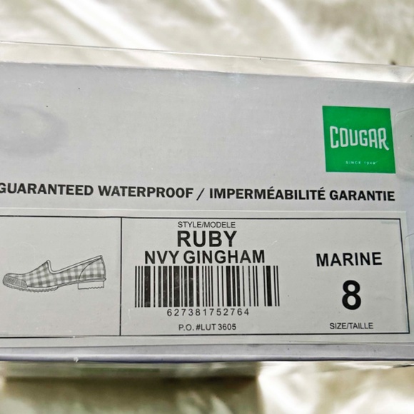 RAIN SHOES, RUBBER, LADIES SZ 8, WATERPROOF, NAVY GINGHAM, BY COUGAR, NEW NEVER - Picture 2 of 11